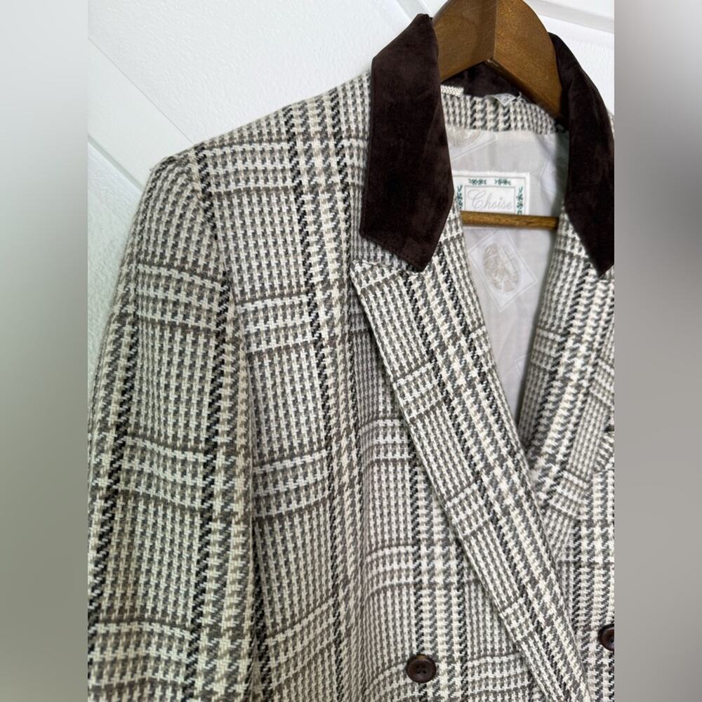 Vintage Choise Wool Tweed Plaid Double Breasted Blazer Suede Trim Size 8 - Picture 3 of 14